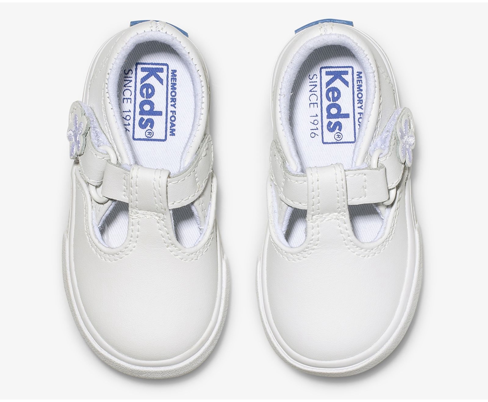 Kids Keds Slip Ons - Daphne T-Strap Leather - White - 6971-AXUKV